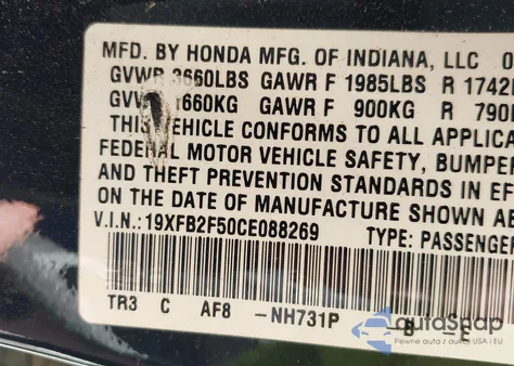 2012 Honda Civic Lx from USA, damaged, VIN 19XFB2F50CE088269